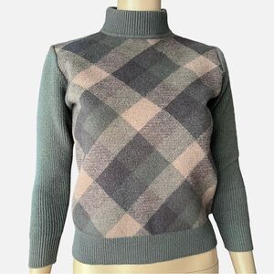 Vintage Bofan 100% Wool Argyle Mock Neck Sweater | 80s 90s | Green Gray